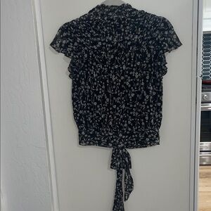 Olivaceous Black and White Floral Blouse smocked mock neck and ties in back | M